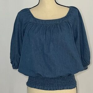 Tea Rose Chambray Smocked Waist Blouse Size Large